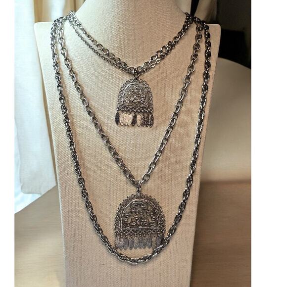 Vintage Silver Fringe Chandlier Filigree Multi Strand Chain Link Necklace - Picture 1 of 5